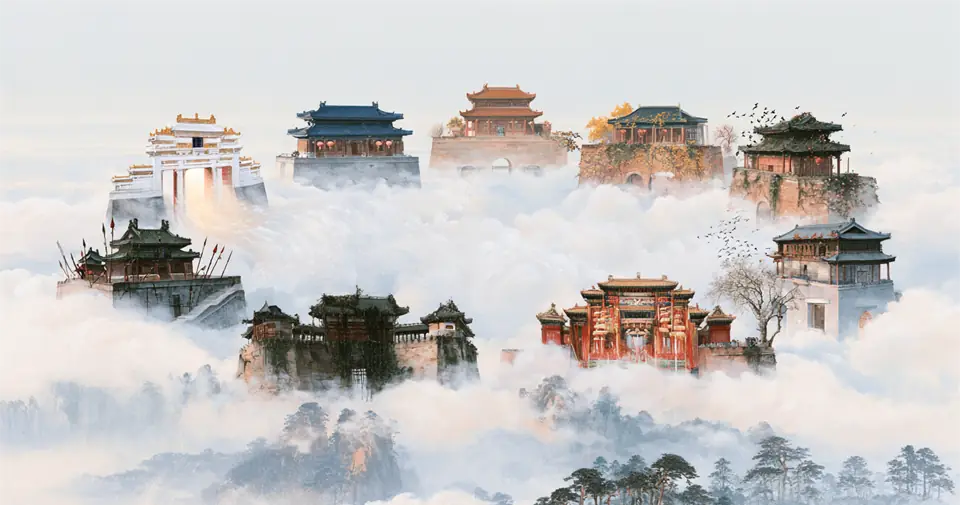 八座樣式各異的古代城門與城樓浮在雲海之上,下方有松林與山峰。