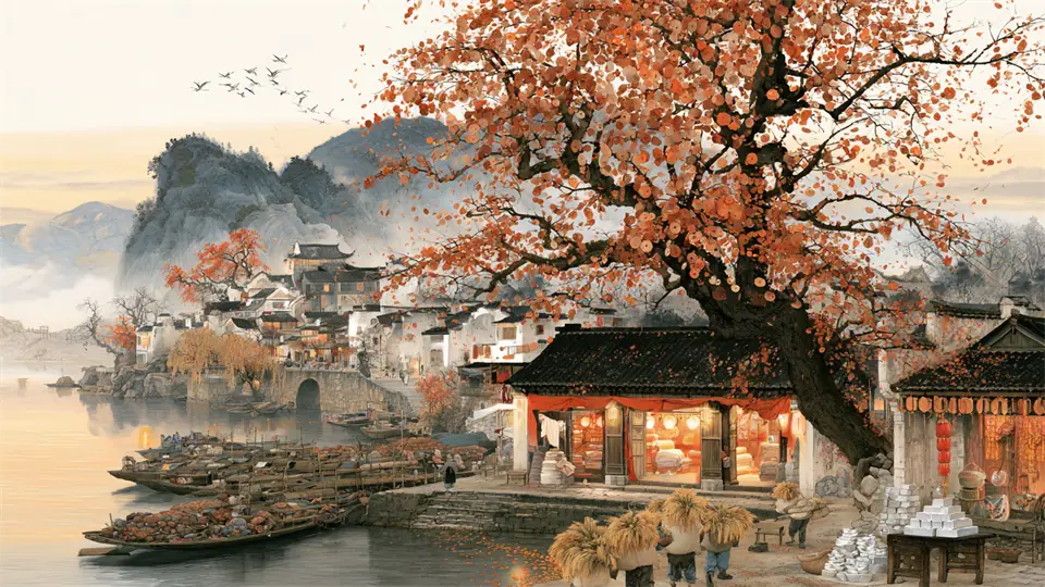 秋日河畔的小鎮：紅葉大樹下店鋪亮著燈，河邊泊滿貨船，挑夫扛著穀束走過，遠山籠罩薄霧。