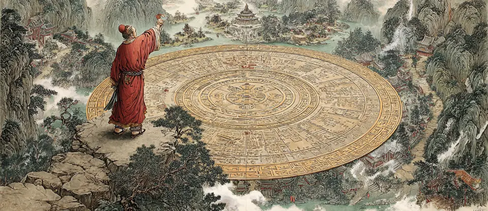 身穿紅袍的古人站在山崖上,抬手指向一座刻滿紋樣的巨大圓盤,四周是山水、雲霧與樓閣。