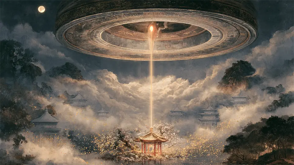 夜空中一座雕飾華麗的巨大圓環投下一道光束,照在花樹間的紅色小亭上,四周雲中有樓閣,左上角是滿月。